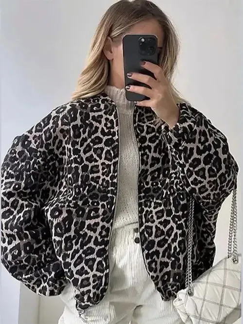 2024 Fashion Leopard Zipper Long Sleeved Women's Jacket Retro Round