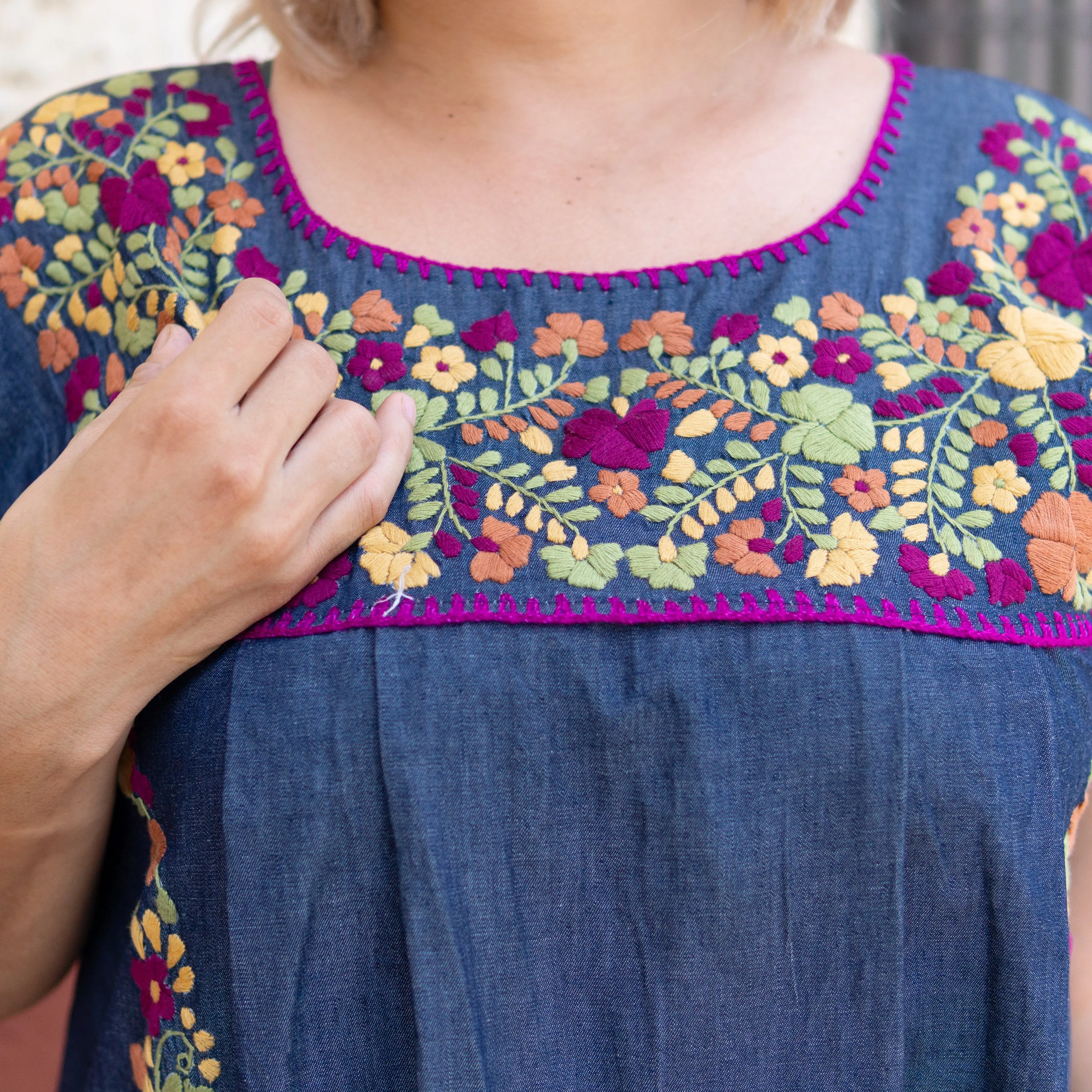 Ariana Embroidered Maxi Dress with Pockets - Denim with Multicolor Embroidery