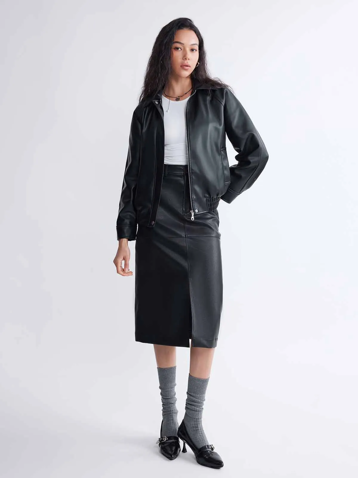 ASOBIO PU Leather Small Lapel Bomber Jacket