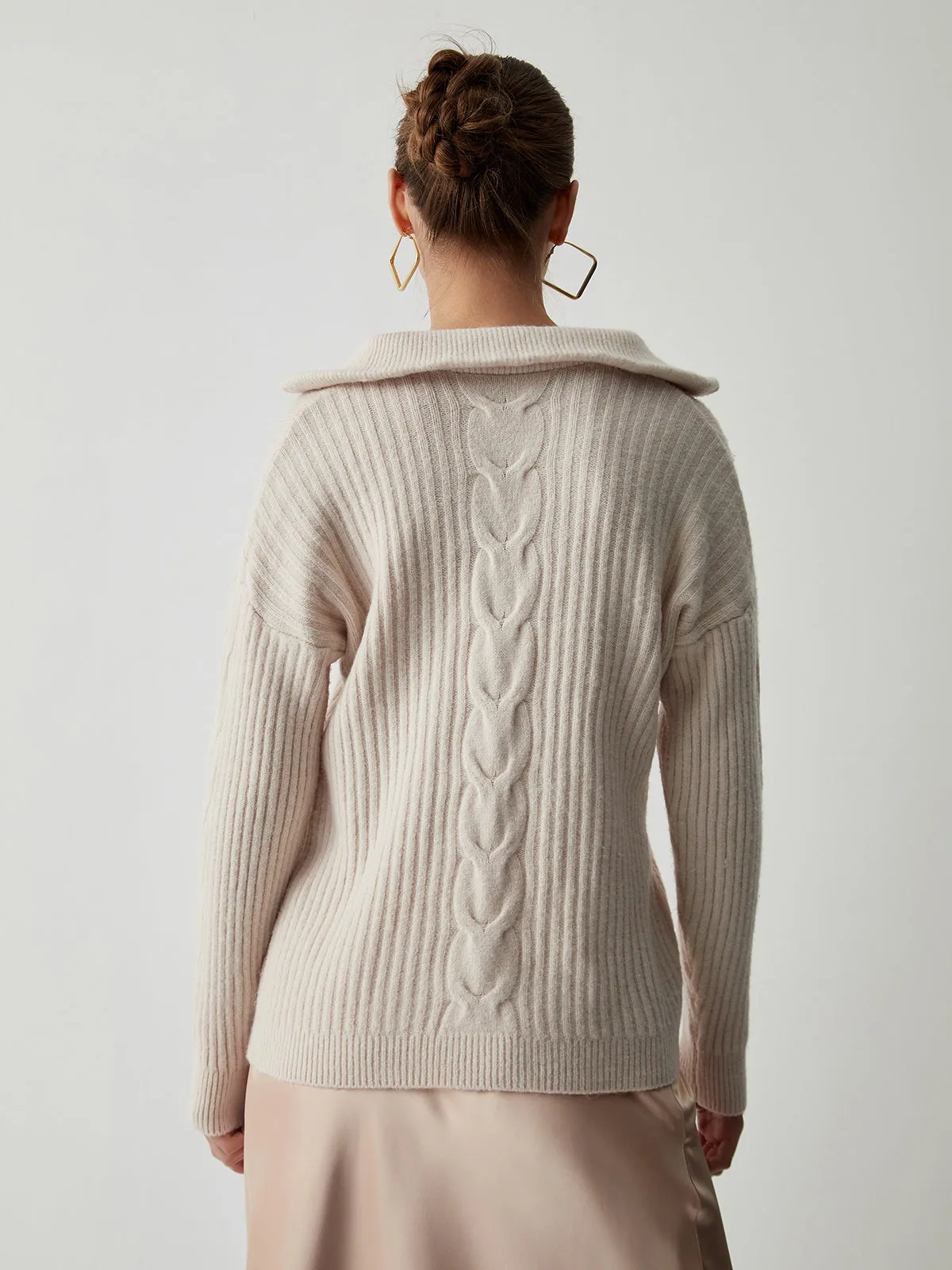 Cable Knit Open Trendy Collar Half Zip Sweater