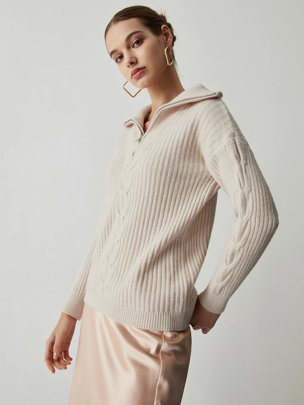 Cable Knit Open Trendy Collar Half Zip Sweater