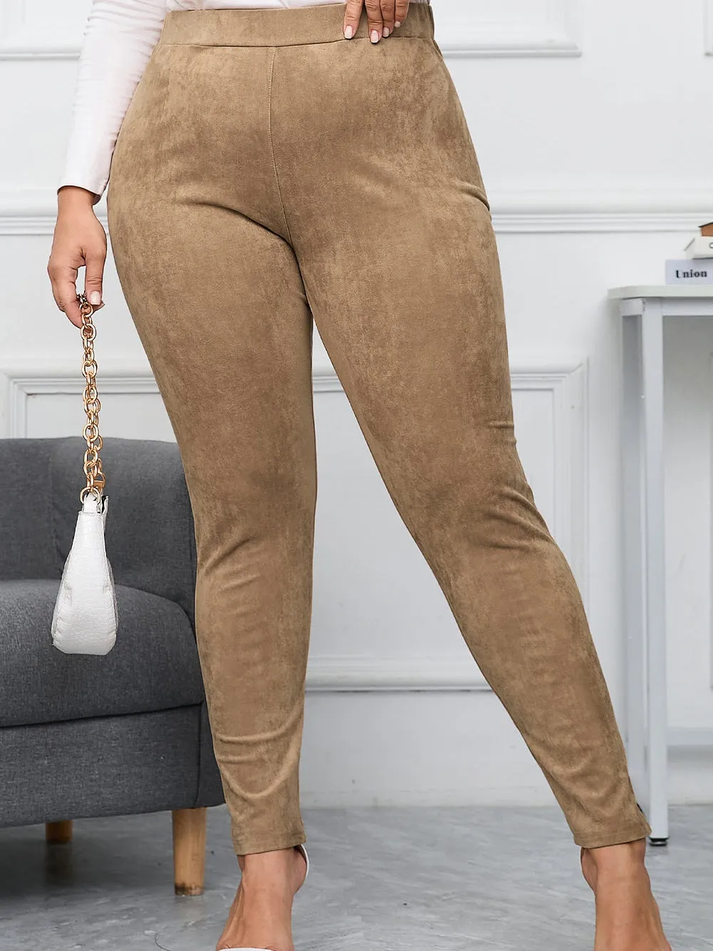 Camel Plus Size High Rise Faux Suede Skinny Pants