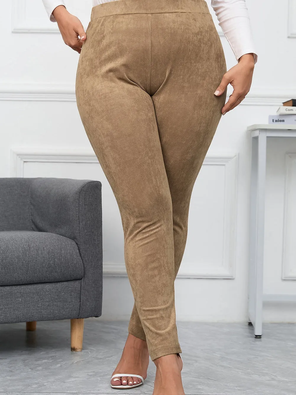 Camel Plus Size High Rise Faux Suede Skinny Pants