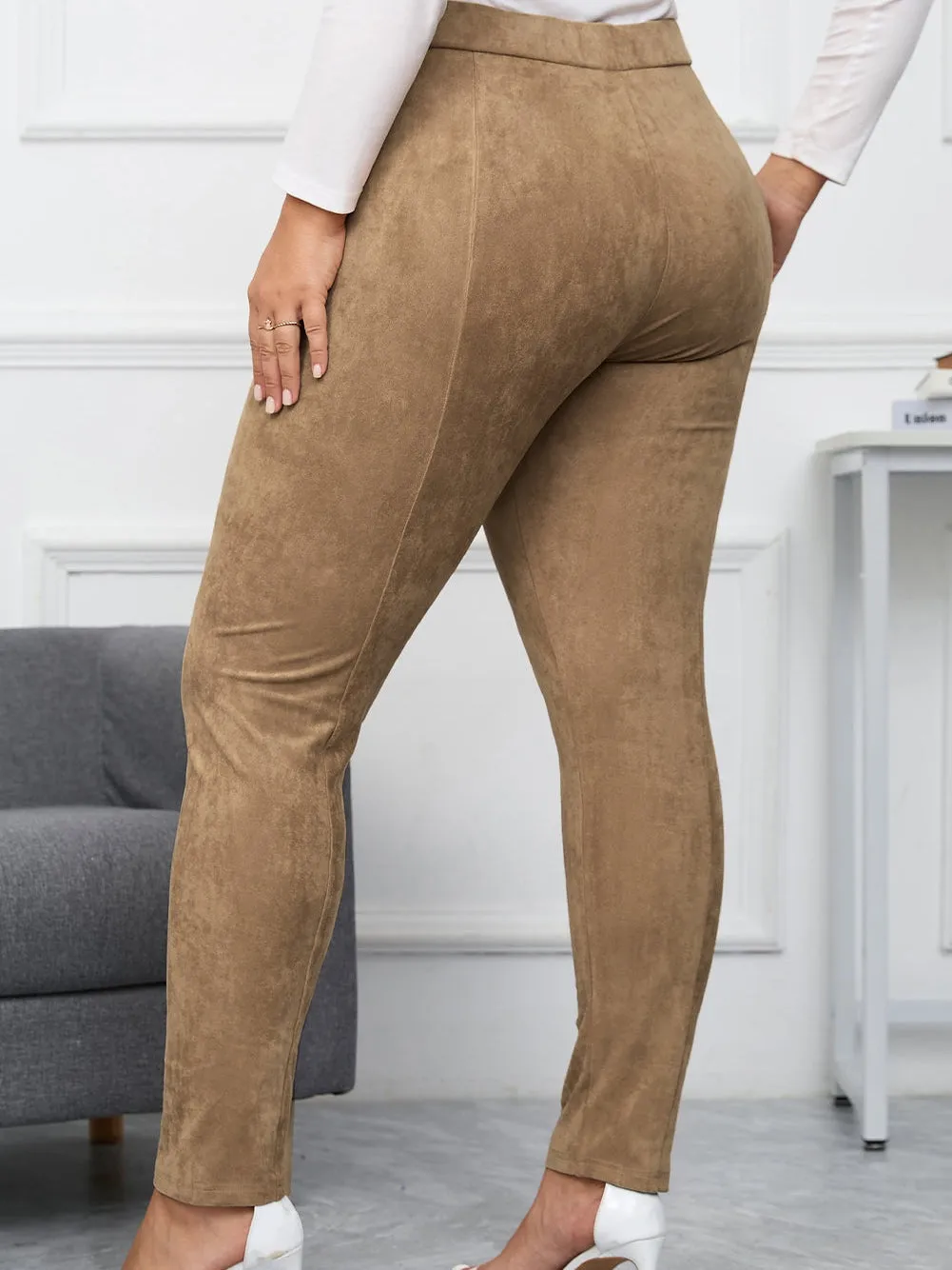 Camel Plus Size High Rise Faux Suede Skinny Pants