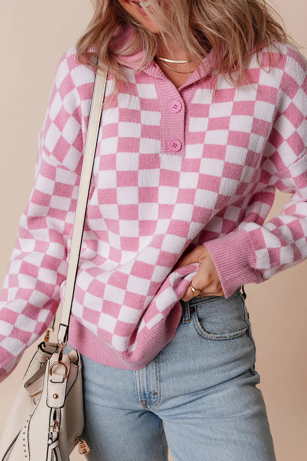 Checkered Buttons Collar Sweater