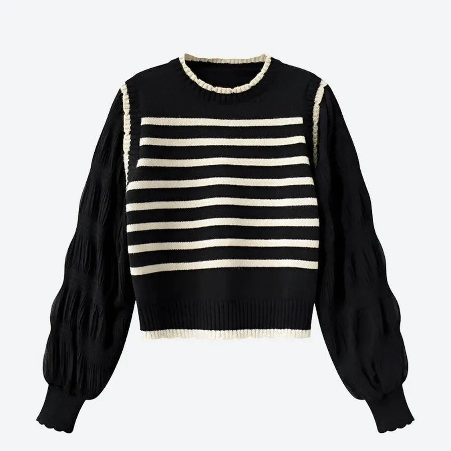 Chic Striped Puff-Sleeve Knit Sweaters