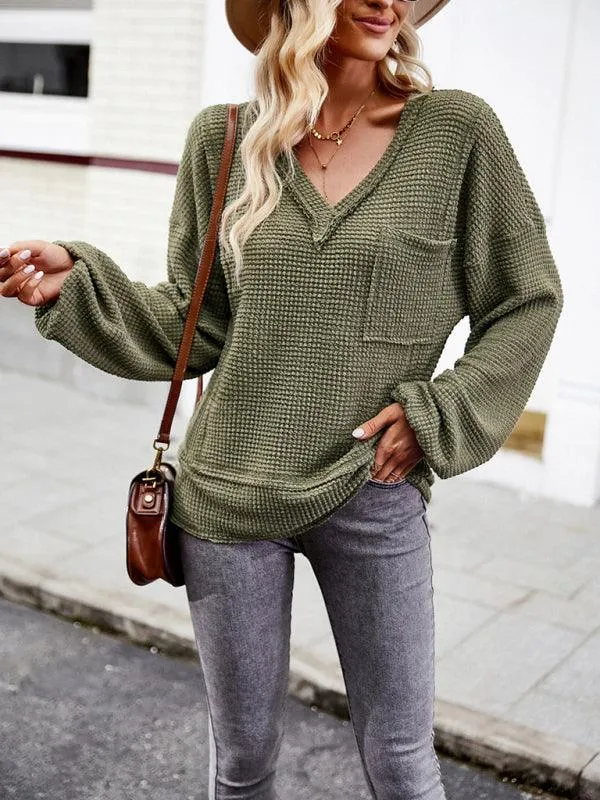 Chic Waffle Knit V-Neck Top - Your Essential Comfort Piece