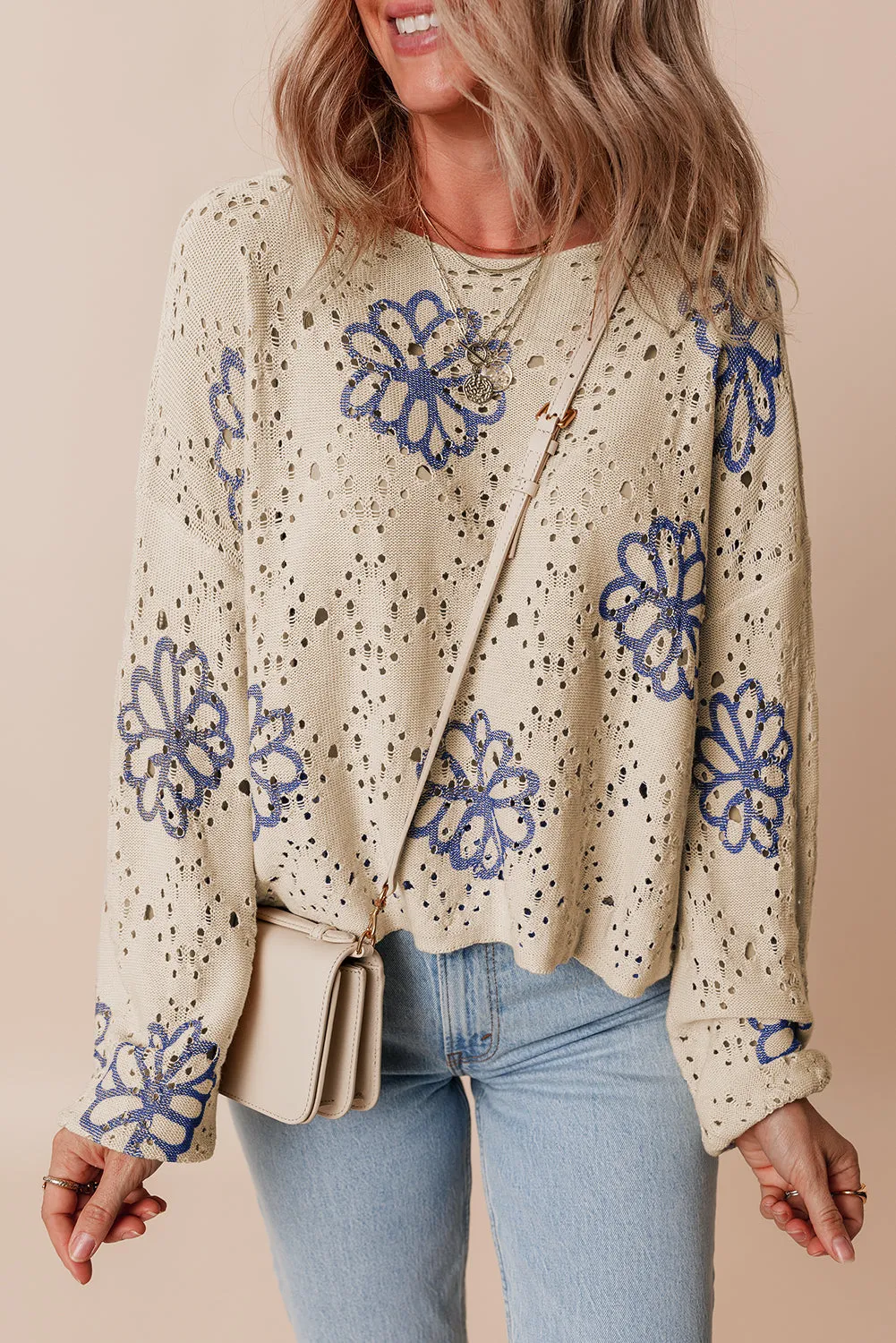 Contrast Flower Print Eyelet Sweater