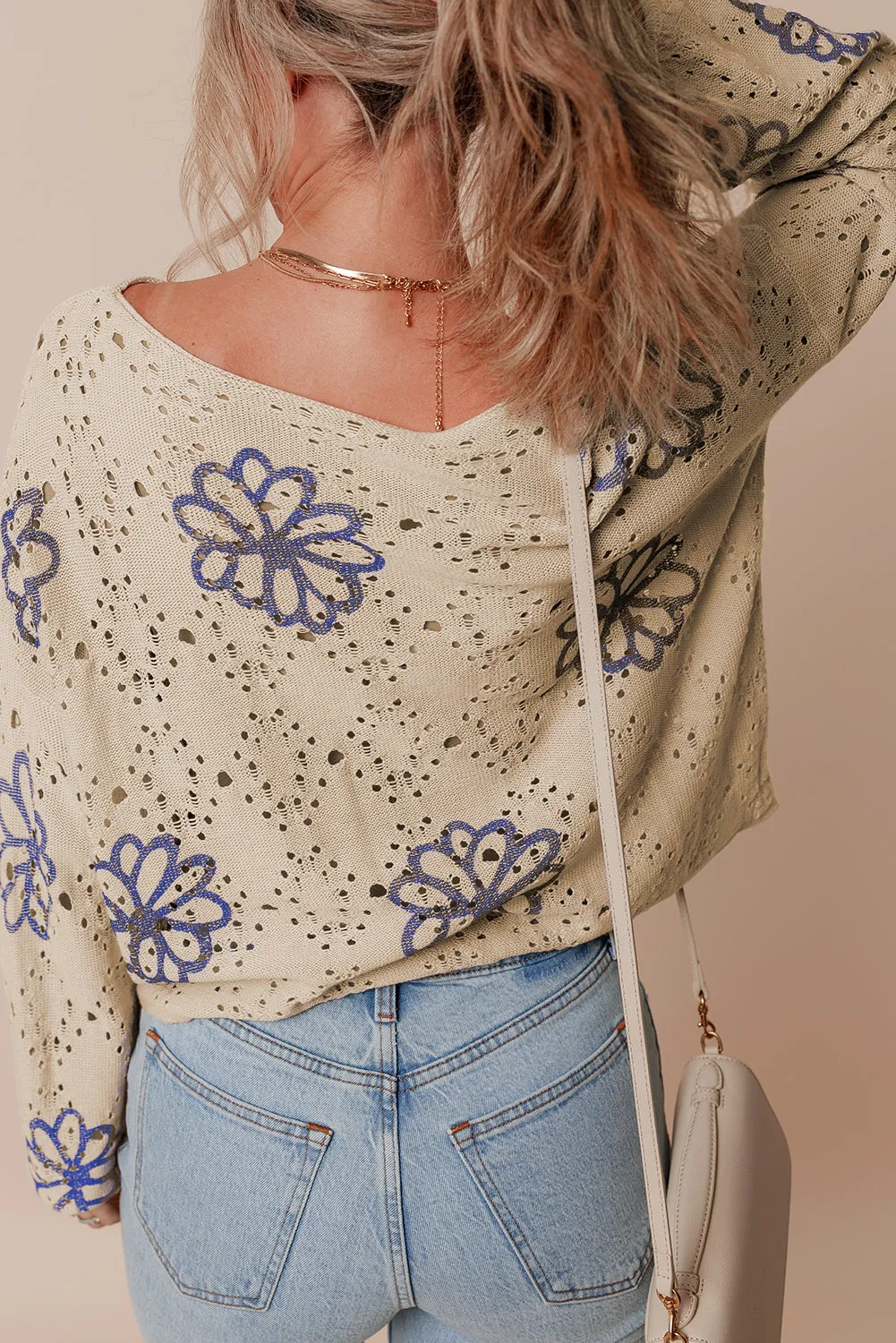 Contrast Flower Print Eyelet Sweater