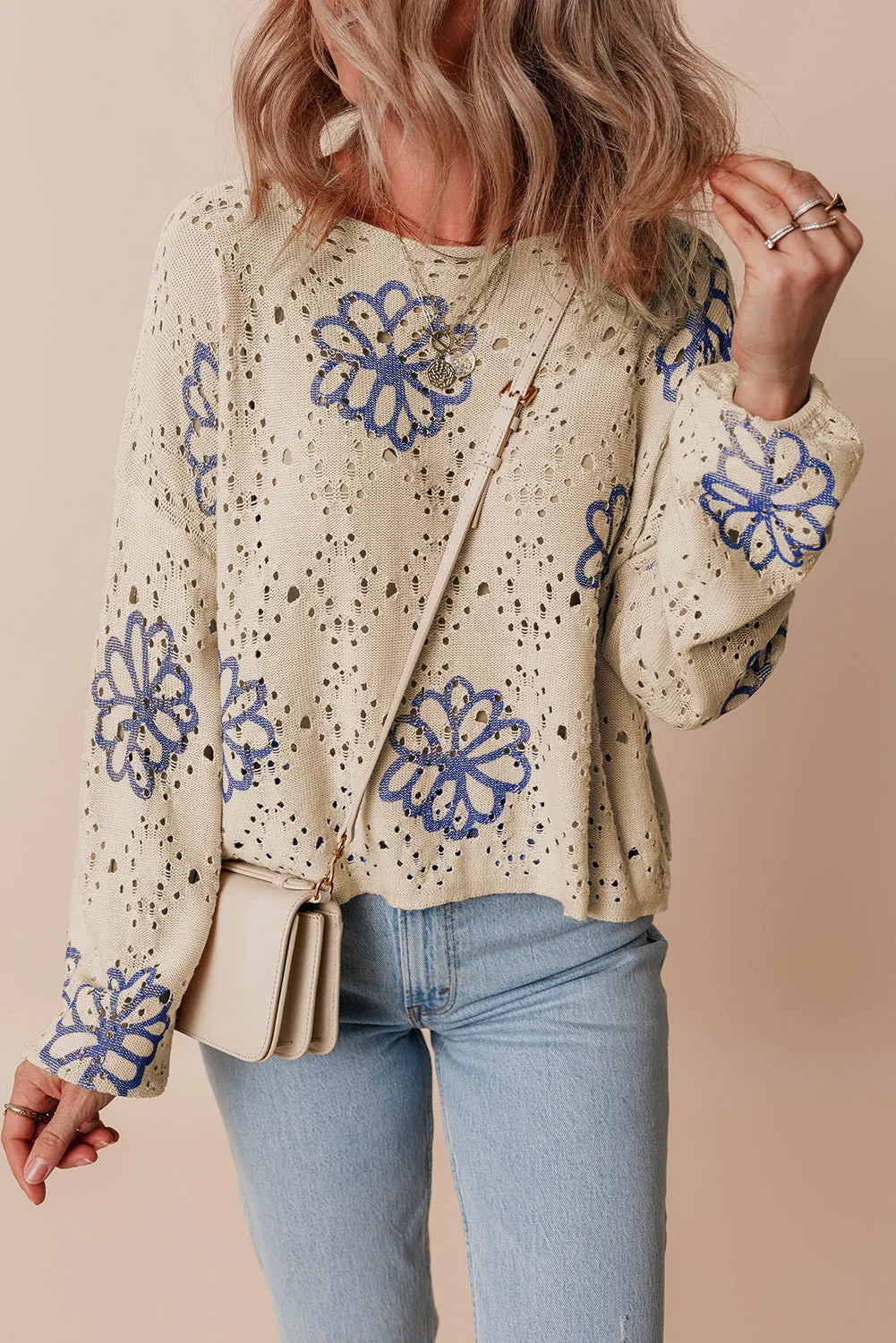 Contrast Flower Print Eyelet Sweater