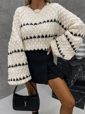 Crew Neck Two-Tone Trendy Decor Casual Sweater