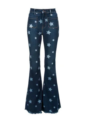 Denim Star Print Bell Bottom Jeans