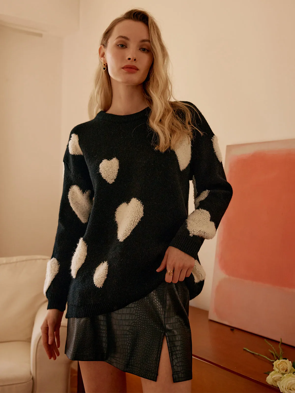 Knit Heart Pattern Trendy Crew Neck Sweater