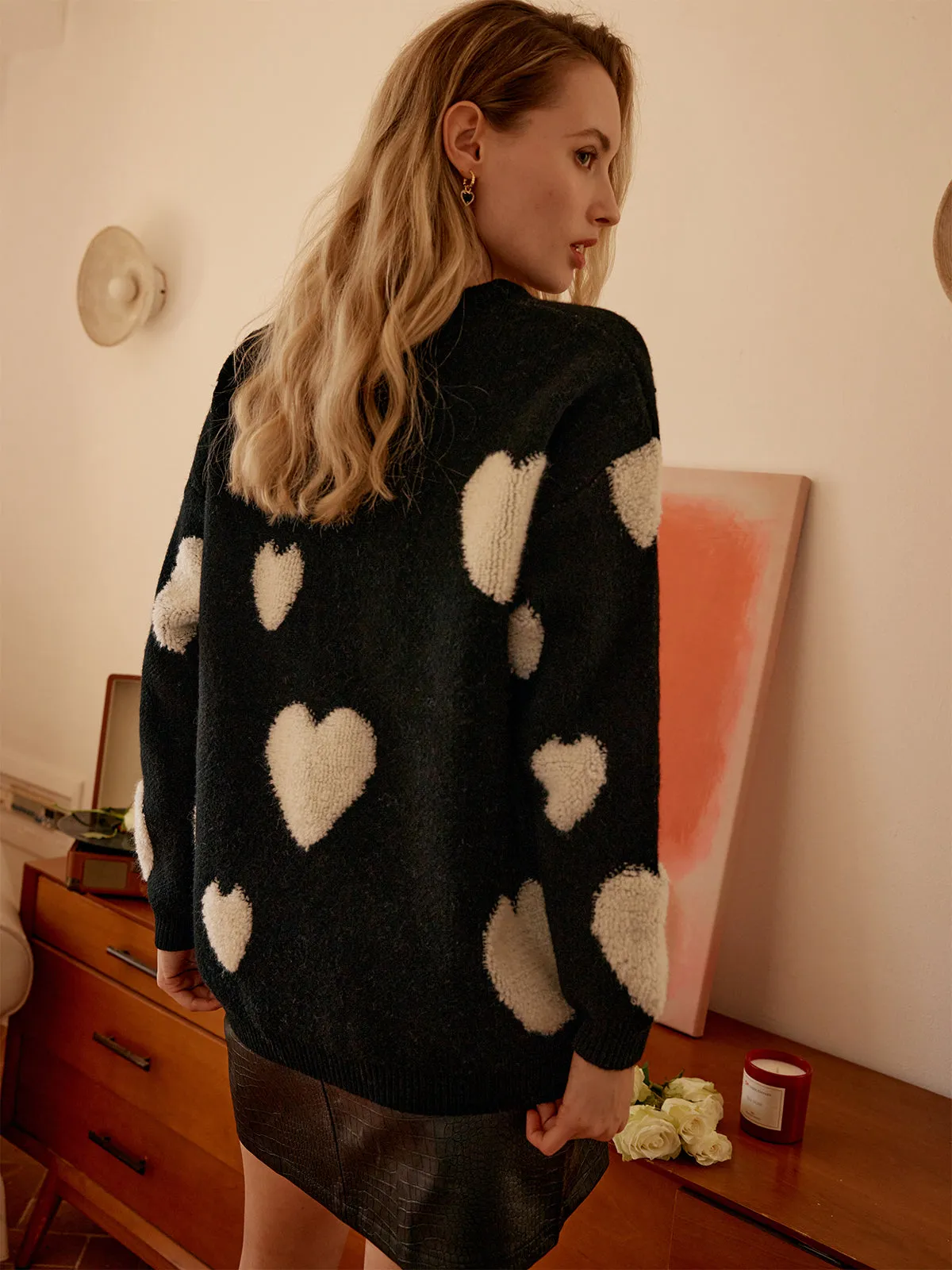 Knit Heart Pattern Trendy Crew Neck Sweater