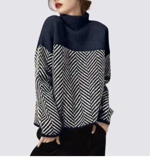 Loose High Neck Zigzag Print Long Sleeve Pullover Sweater