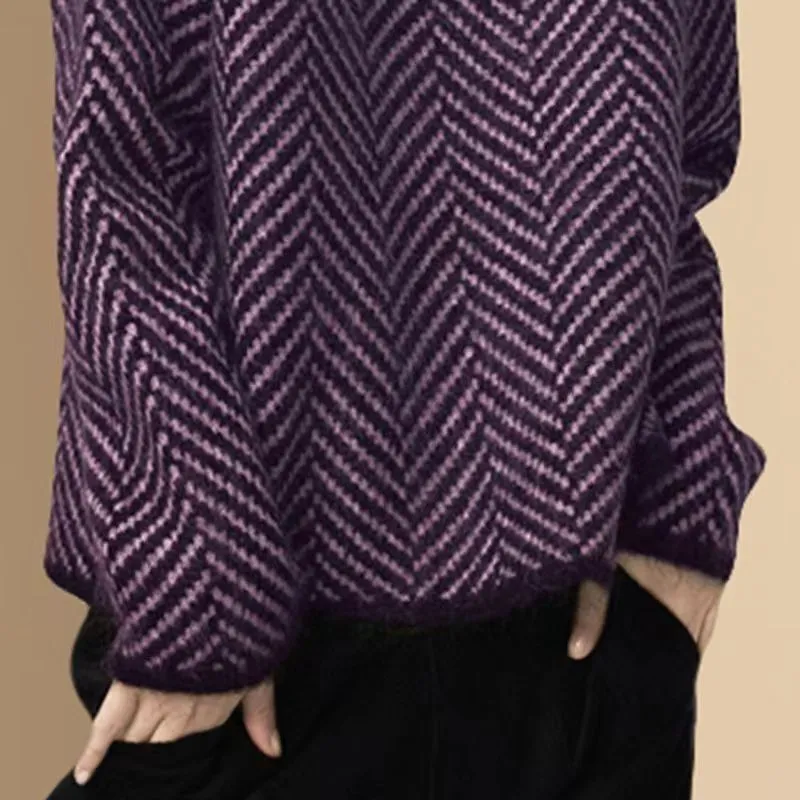 Loose High Neck Zigzag Print Long Sleeve Pullover Sweater