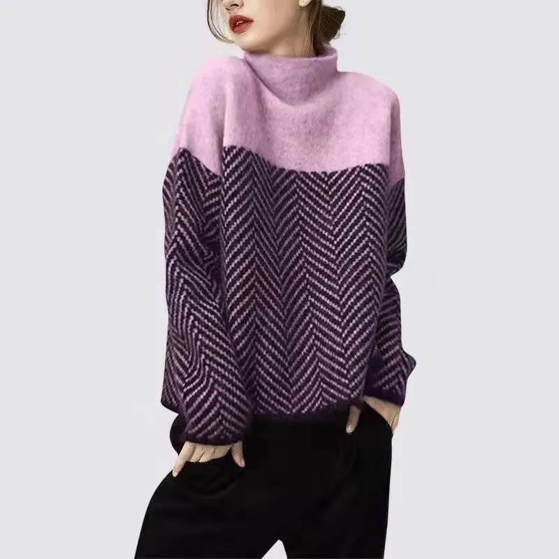 Loose High Neck Zigzag Print Long Sleeve Pullover Sweater