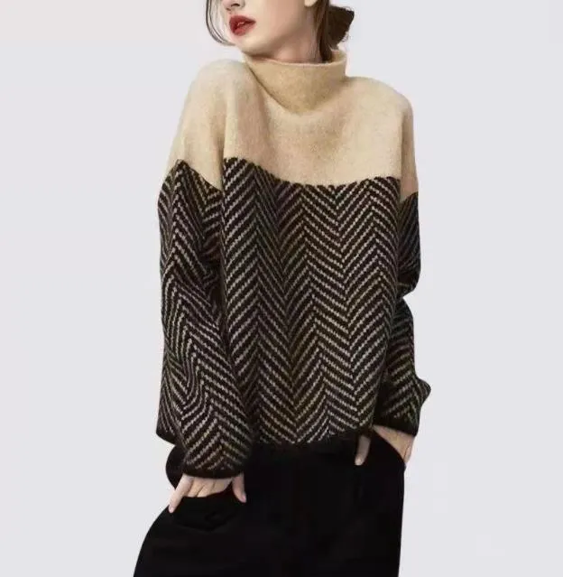 Loose High Neck Zigzag Print Long Sleeve Pullover Sweater