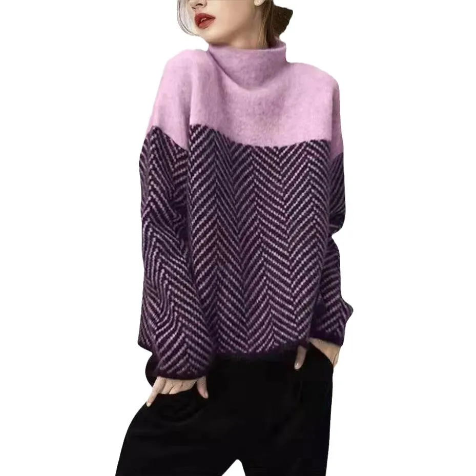 Loose High Neck Zigzag Print Long Sleeve Pullover Sweater