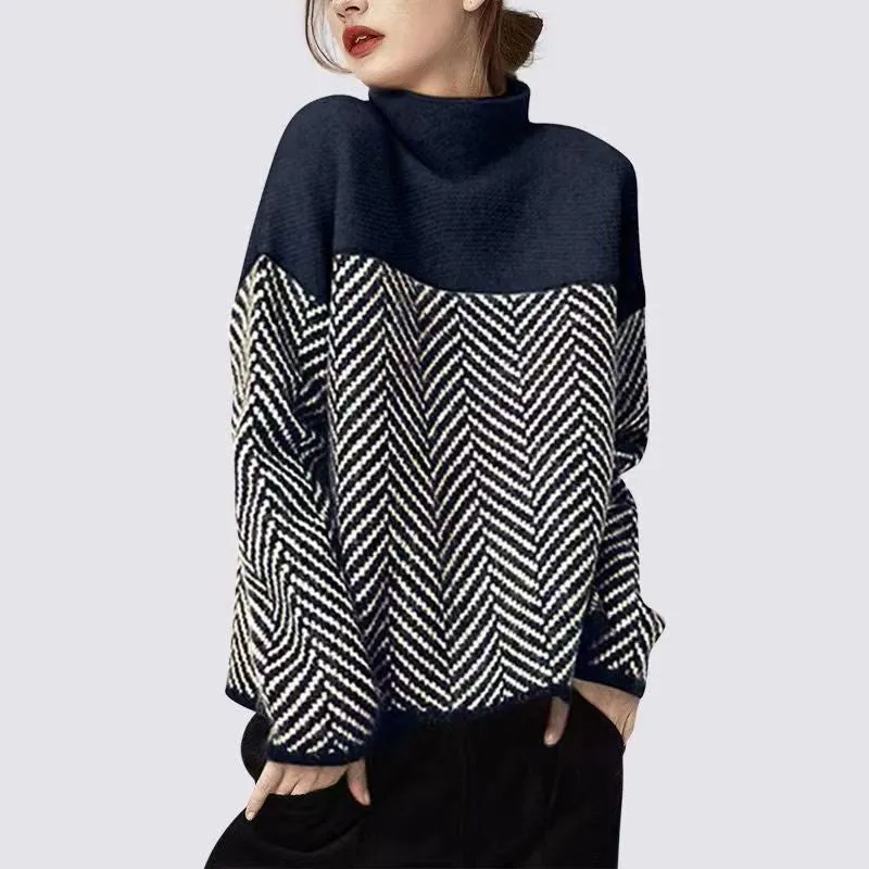 Loose High Neck Zigzag Print Long Sleeve Pullover Sweater