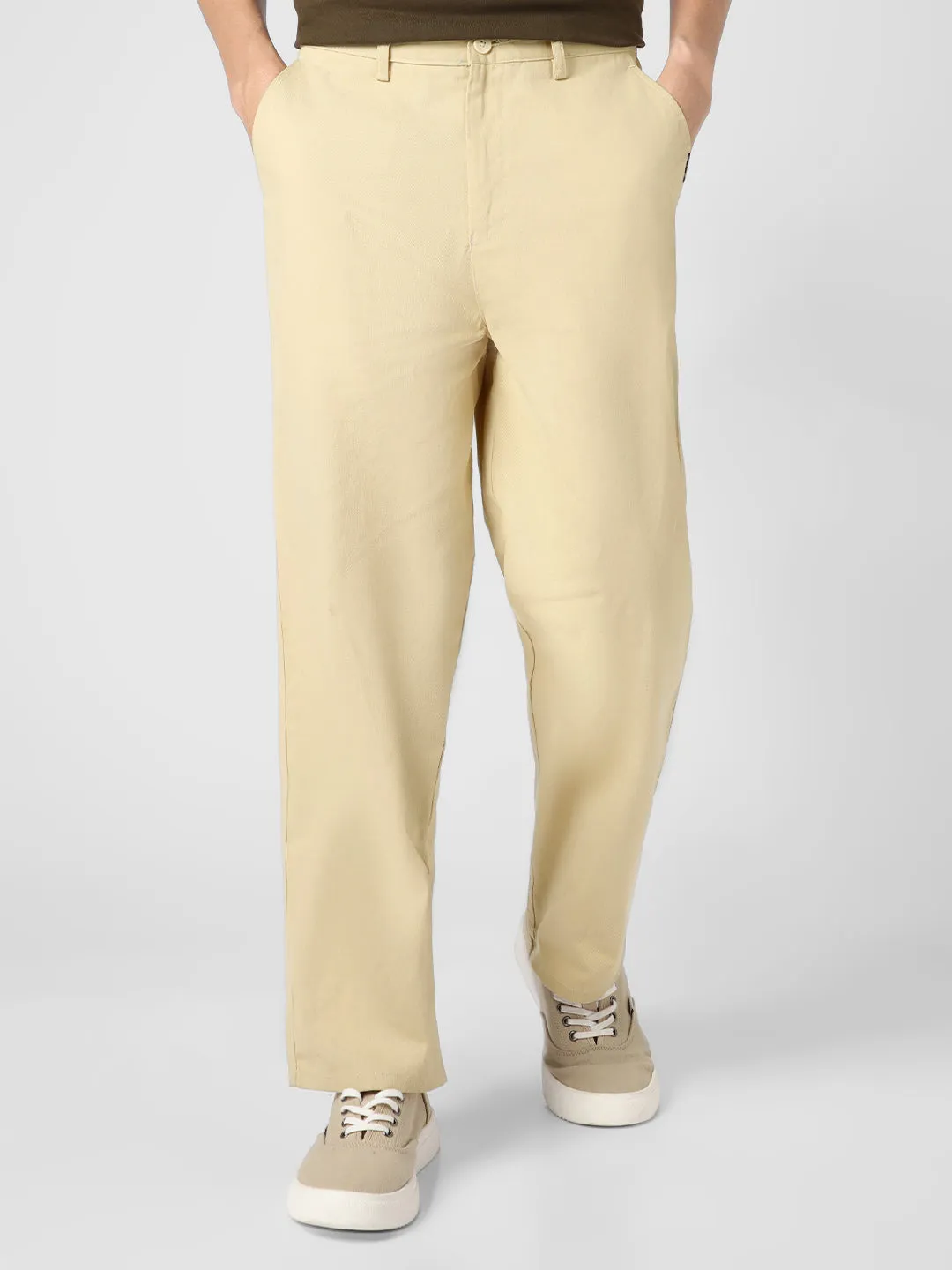 Men's Beige Loose Baggy Fit Solid Chino Trousers Non-Stretchable