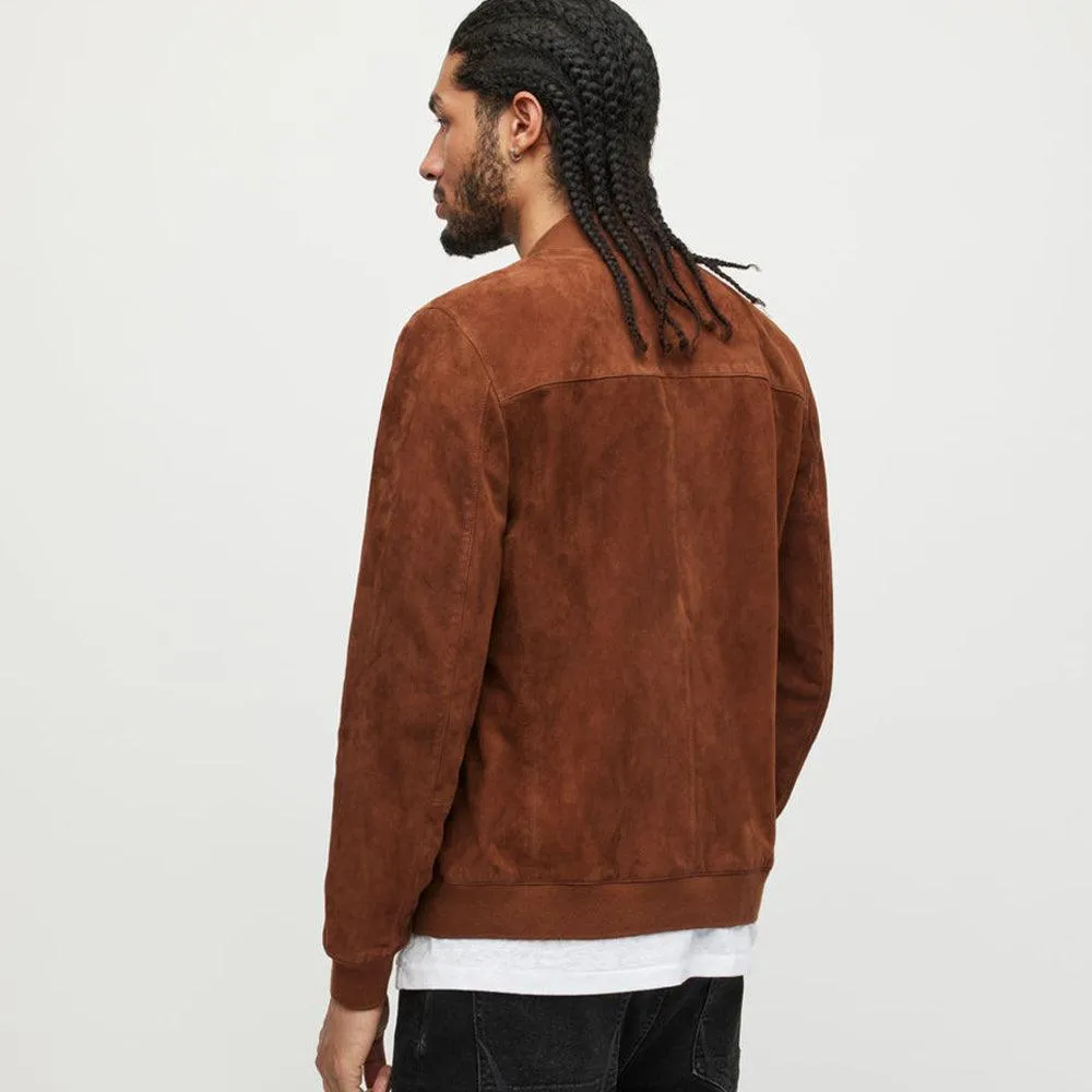 Men's Classic Brown Suede Lambskin Leather Bomber Jacket