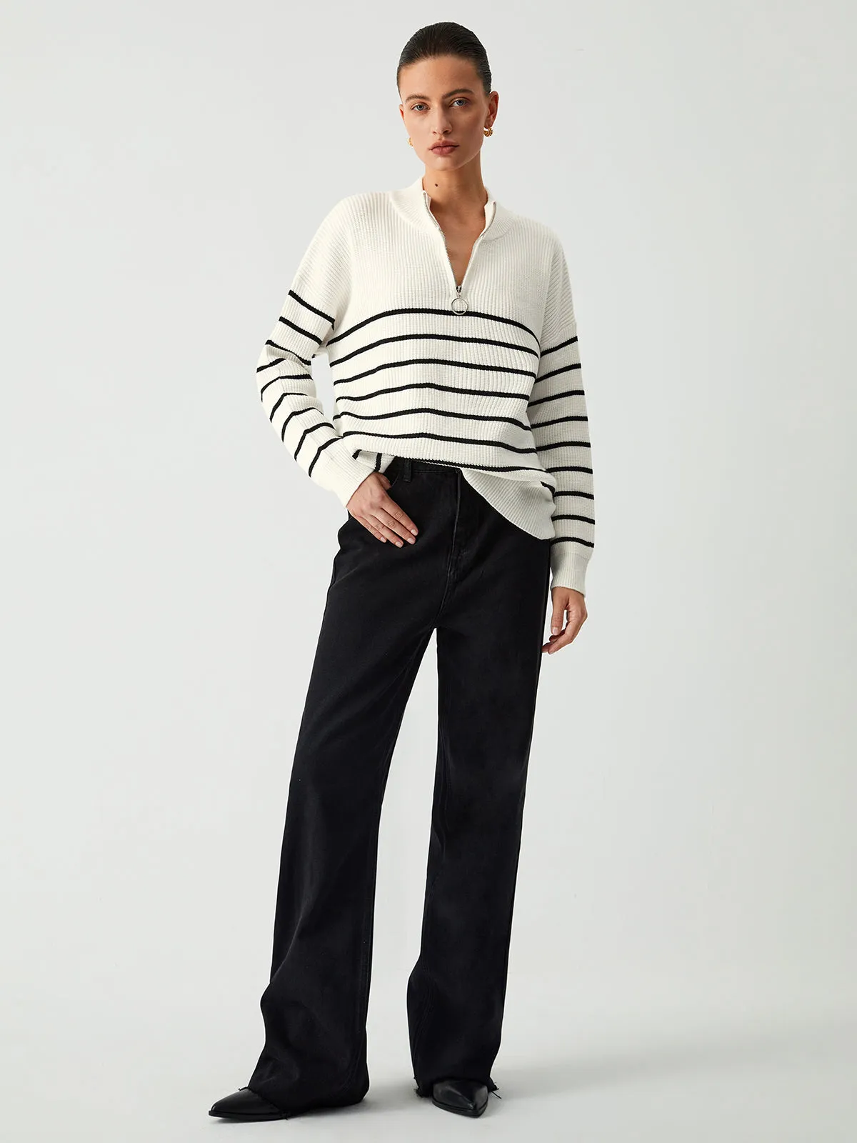 Miss Paris Stripe Trendy Zip Up Sweater