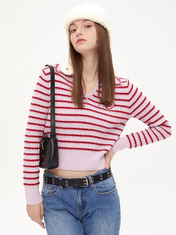 Nvuvu Collared Design Heart Pattern Stripes Sweaters