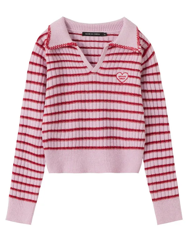 Nvuvu Collared Design Heart Pattern Stripes Sweaters