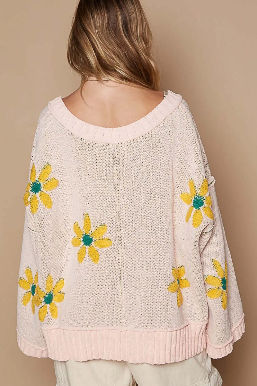 Pink Mojito V-Neck Floral Pattern Chenille Sweater