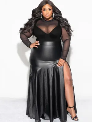 Plus Size Matte Faux Leather Slit Maxi Skirt