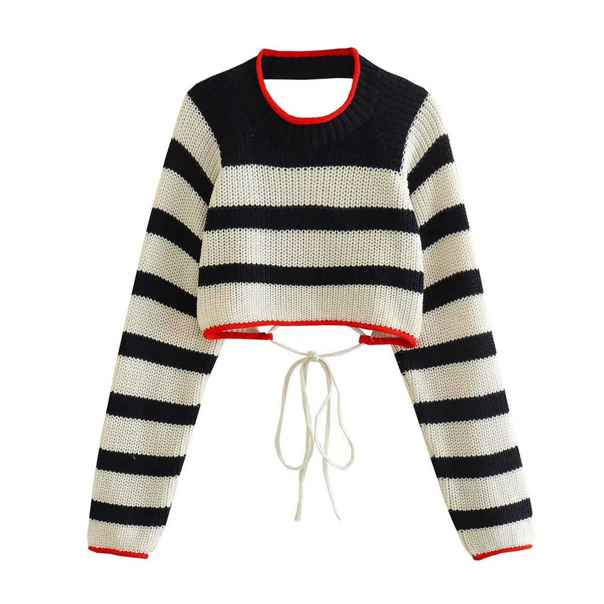 Preppy Crew Neck Breton Stripe Long Sleeve Lace Up Backless Crop Sweater