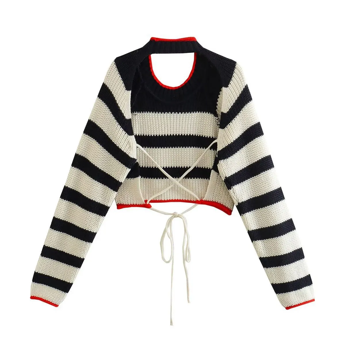 Preppy Crew Neck Breton Stripe Long Sleeve Lace Up Backless Crop Sweater