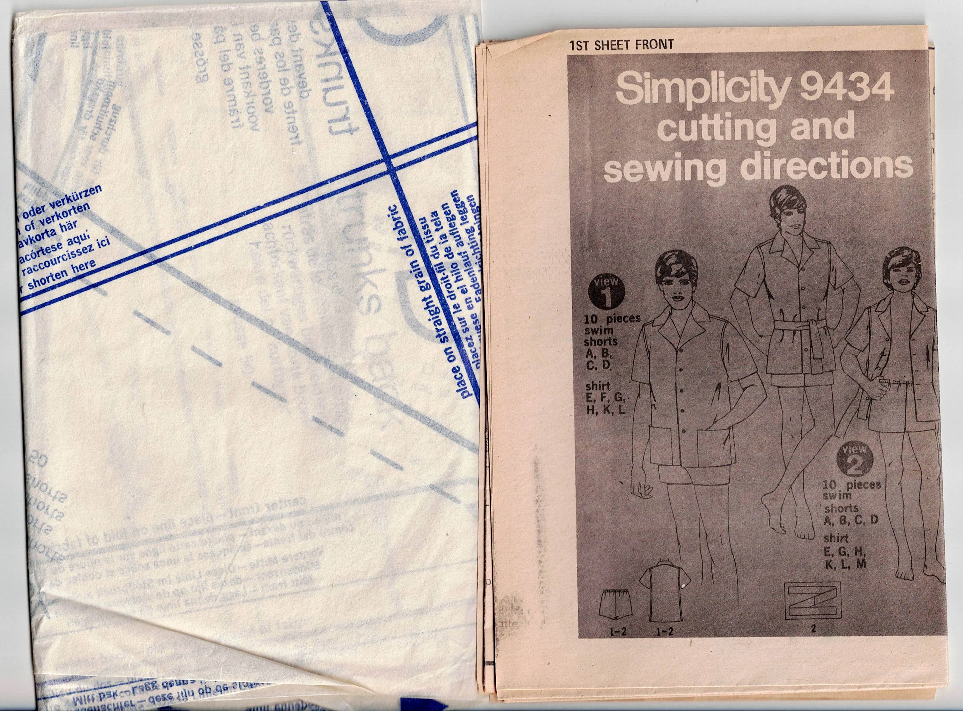 Simplicity 9434 Mens Swim Shorts & Shirt 1970s Vintage Sewing Pattern Chest 40 Inches