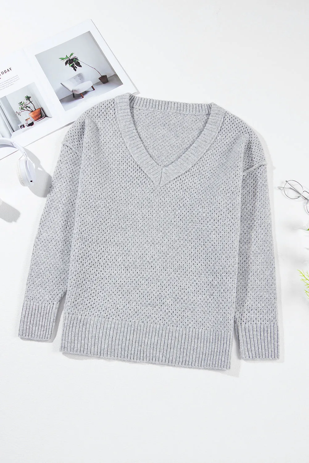 V Neck Drop Shoulder Sweater