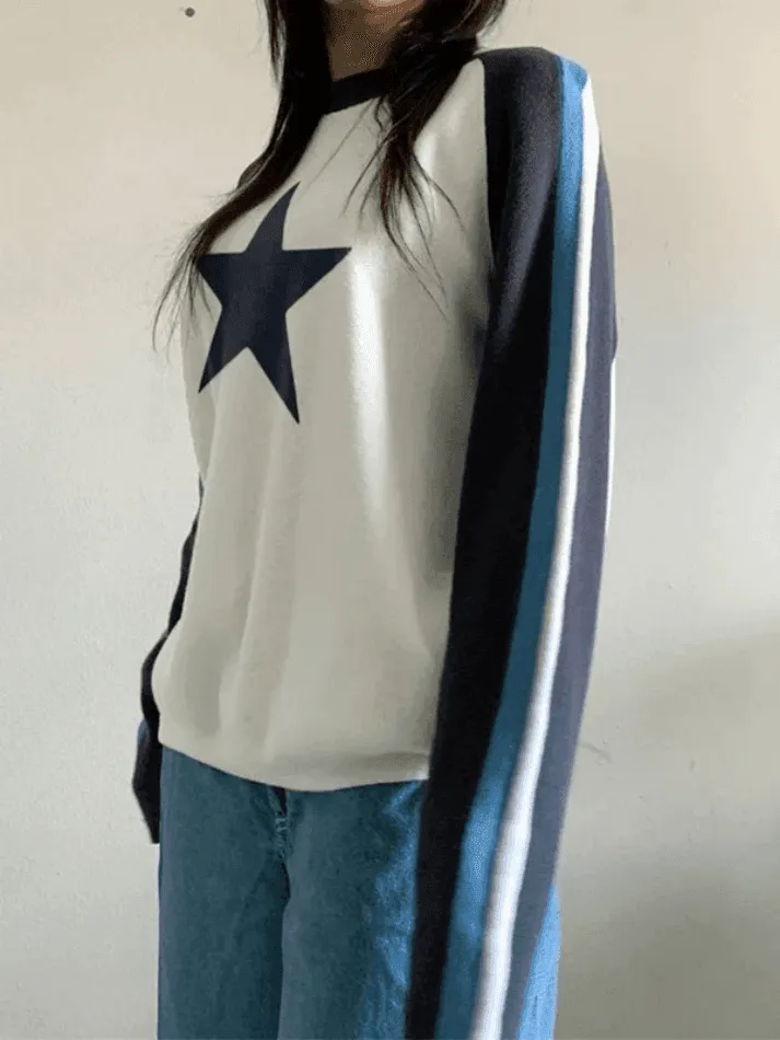 Wenkouban-Spring Casual Outfits Y2K Outfits Raglan Sleeve Star Print Pullover Sweater