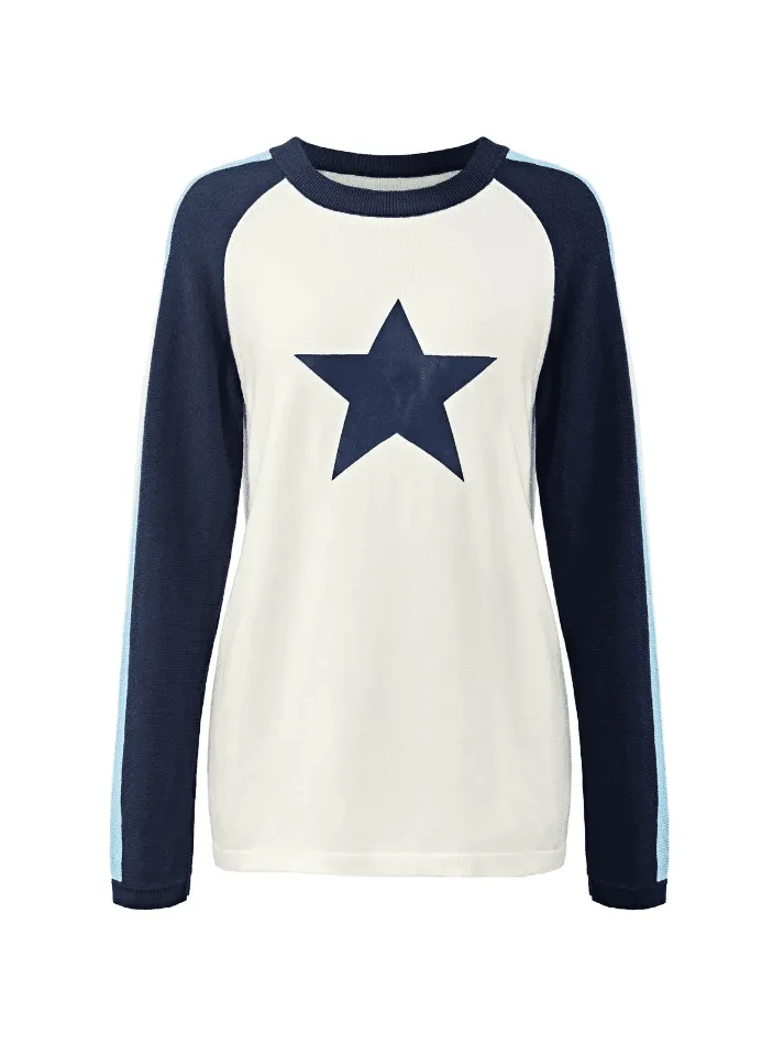 Wenkouban-Spring Casual Outfits Y2K Outfits Raglan Sleeve Star Print Pullover Sweater