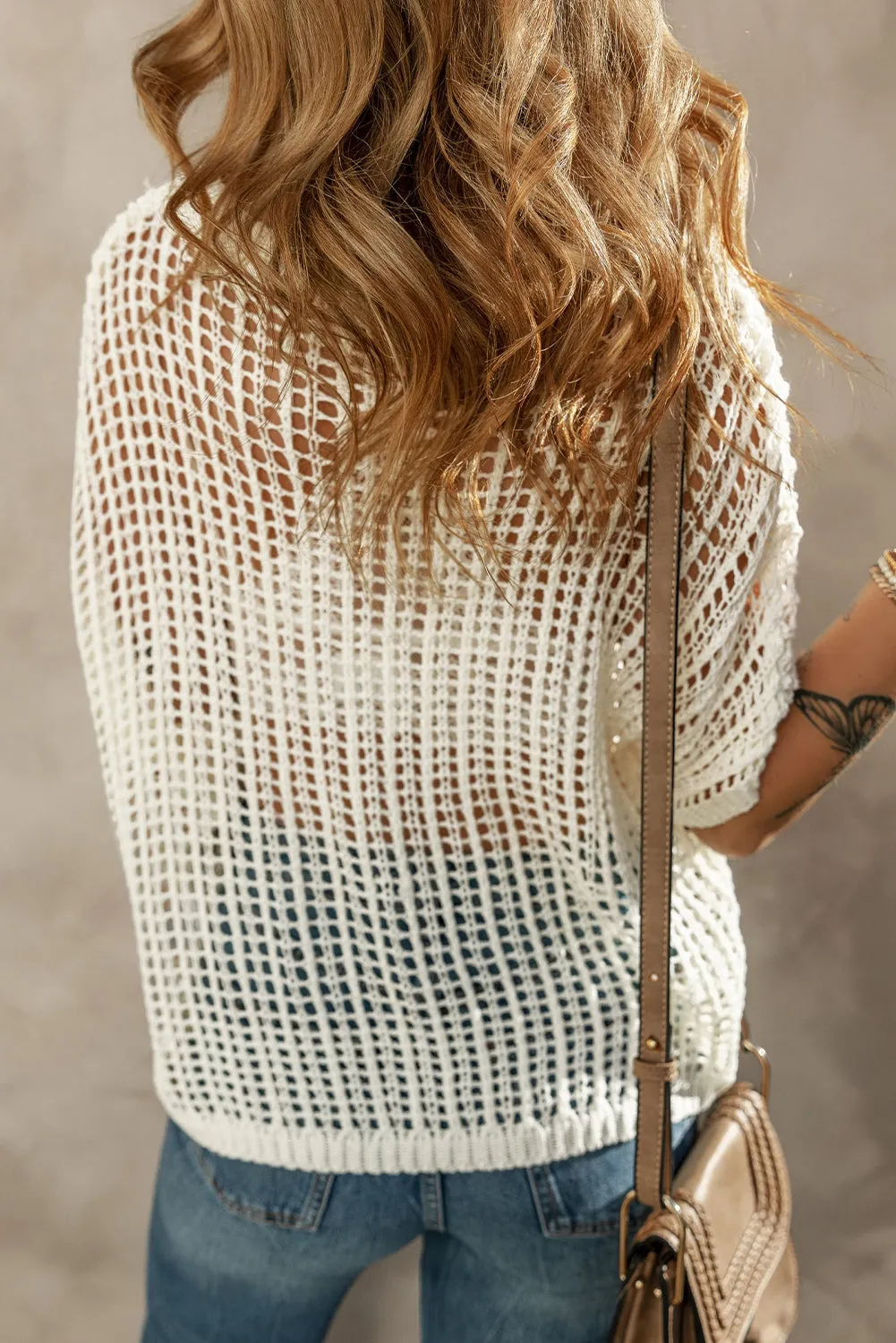 Whit Fishnet Knit Ribbed Sweater Tee