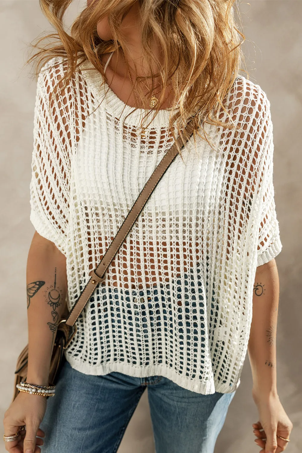 Whit Fishnet Knit Ribbed Sweater Tee