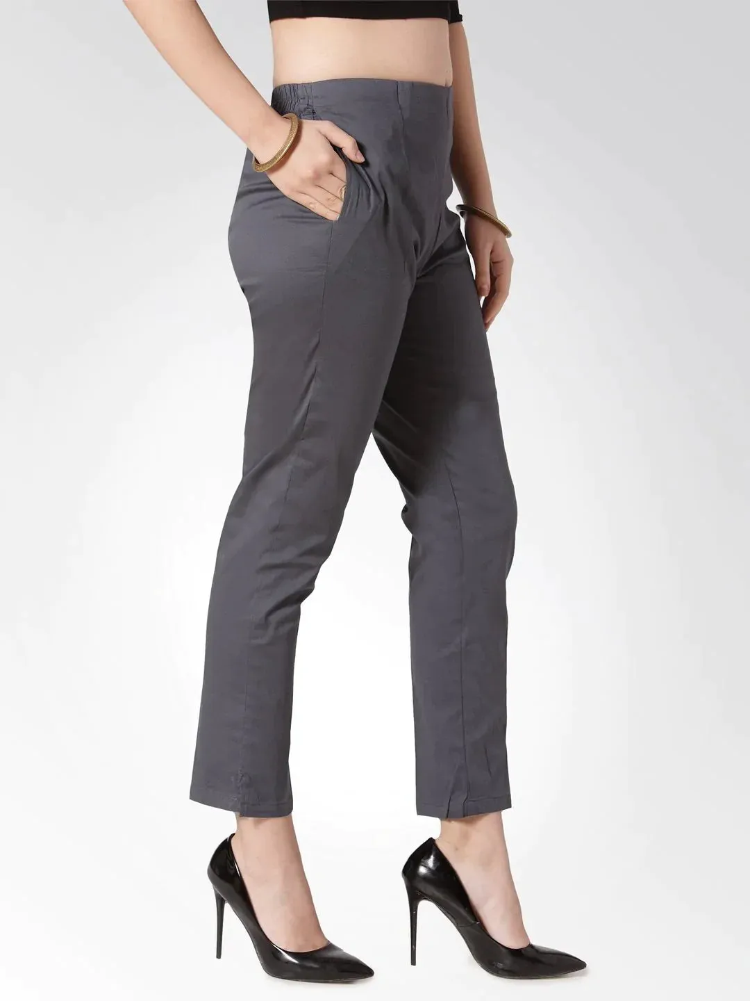 Women Grey Smart Slim Fit Solid Regular Trousers