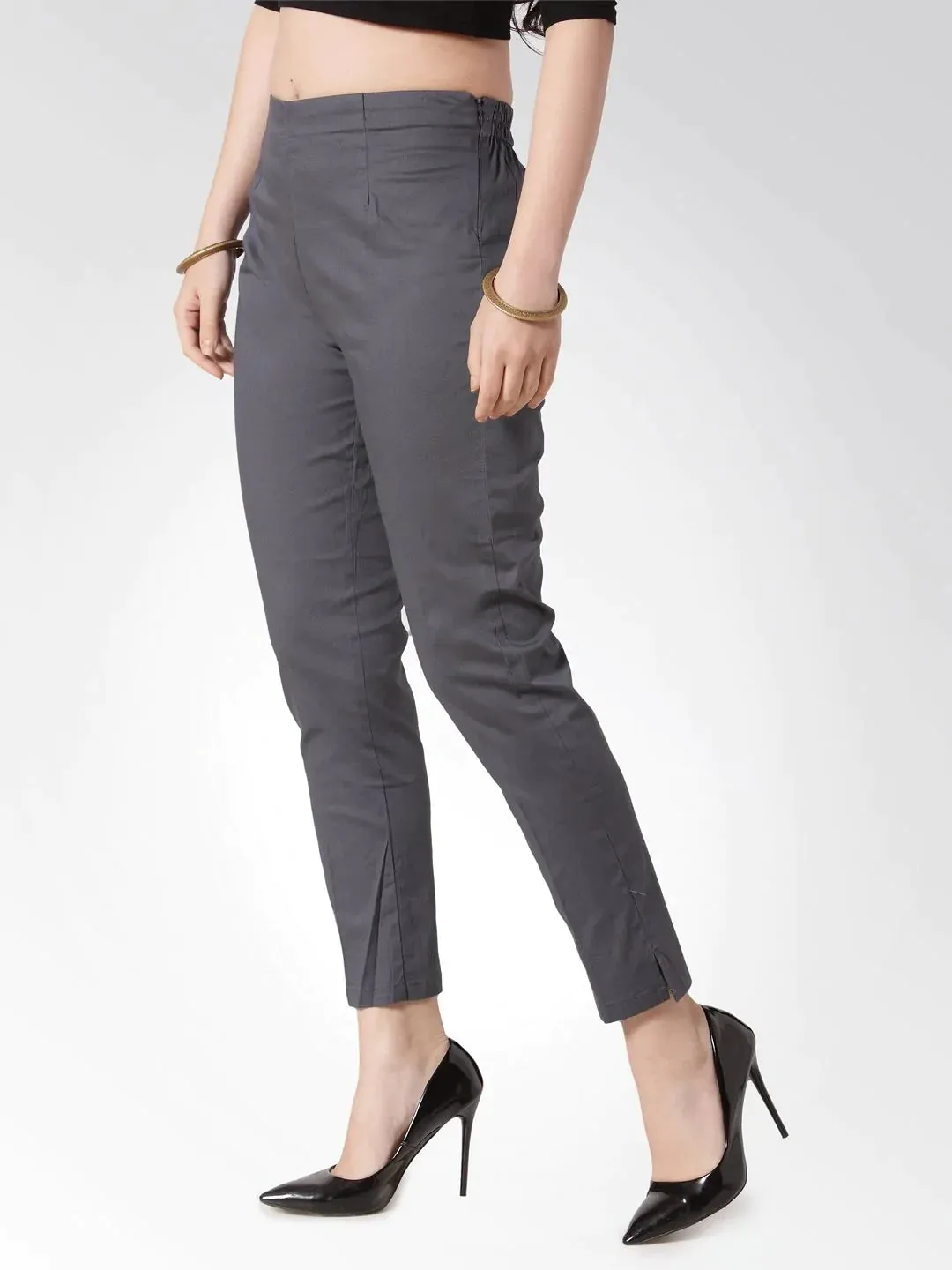 Women Grey Smart Slim Fit Solid Regular Trousers