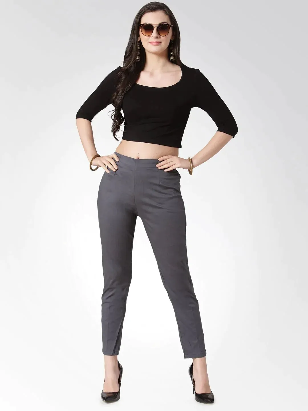 Women Grey Smart Slim Fit Solid Regular Trousers