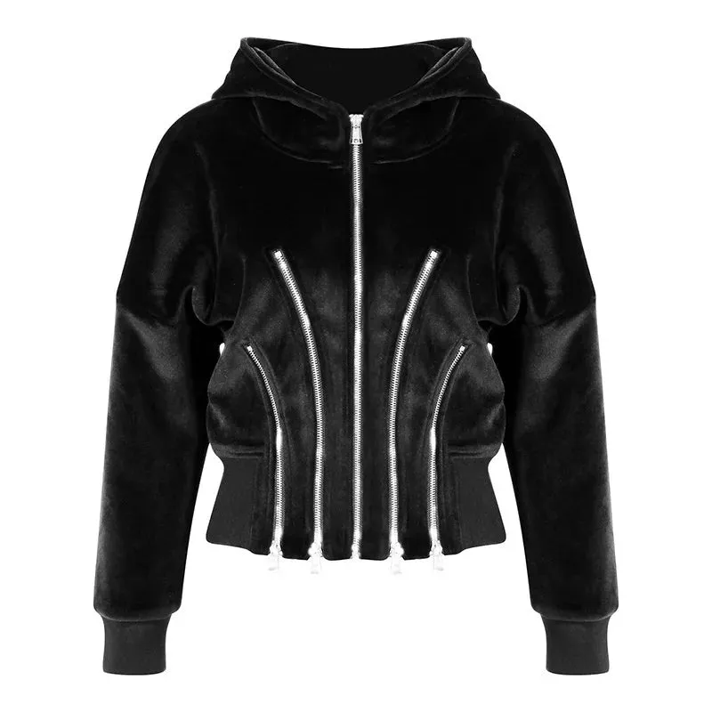 Women's New Zipper Elegance Black Cropped Hoodie