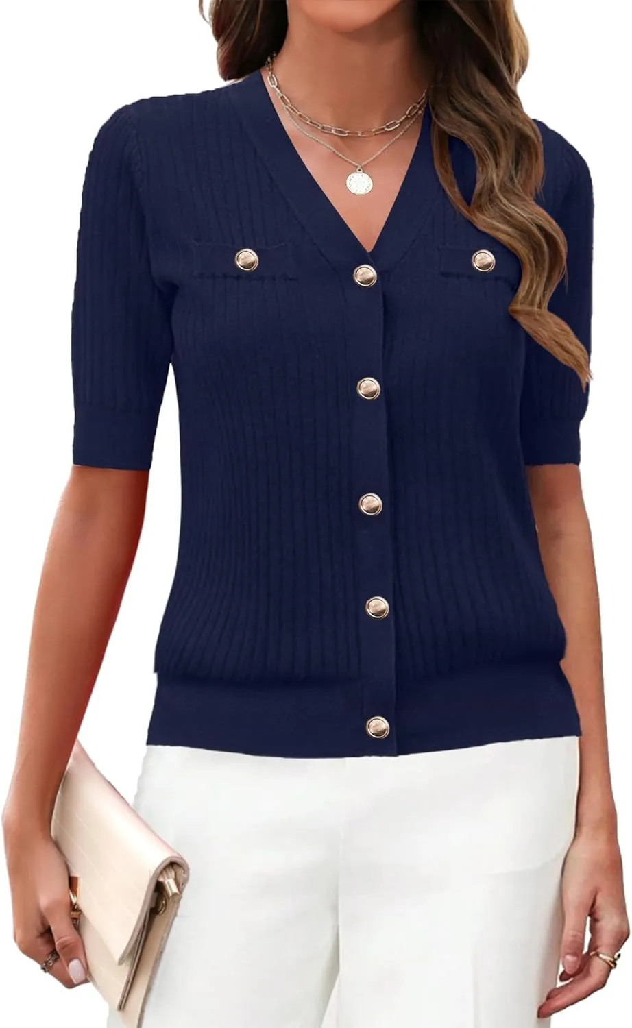 Zeagoo Short Sleeve Cardigan Button Down Ribbed Knit Sweater Tops