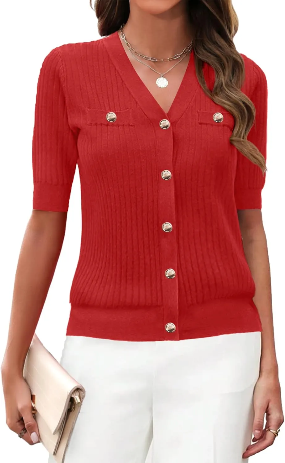 Zeagoo Short Sleeve Cardigan Button Down Ribbed Knit Sweater Tops