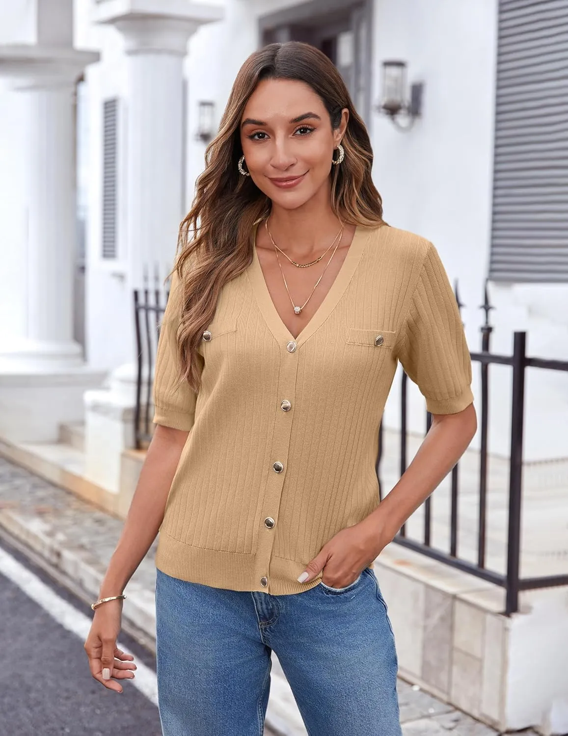 Zeagoo Short Sleeve Cardigan Button Down Ribbed Knit Sweater Tops