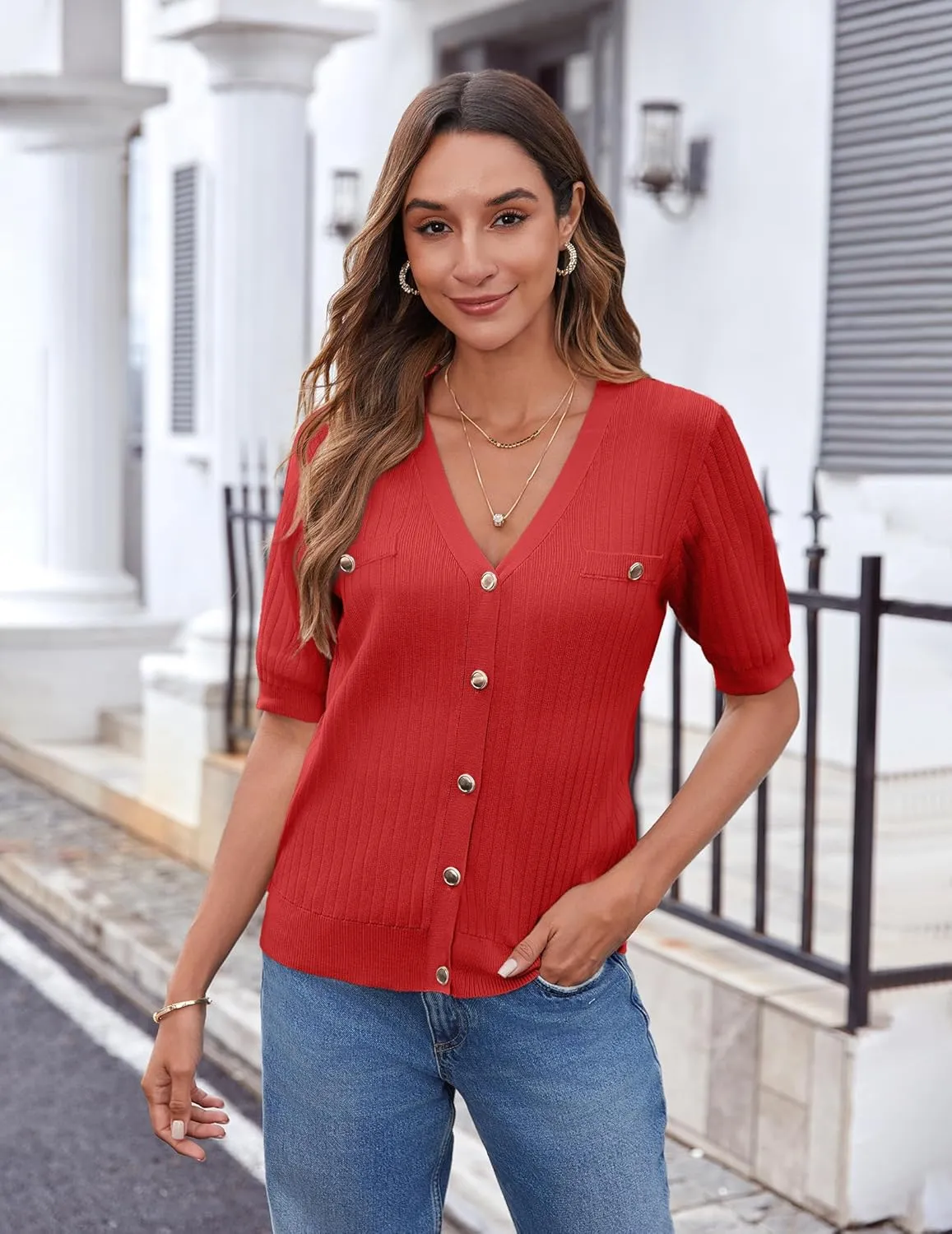 Zeagoo Short Sleeve Cardigan Button Down Ribbed Knit Sweater Tops