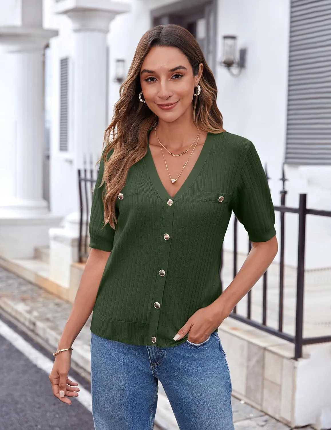 Zeagoo Short Sleeve Cardigan Button Down Ribbed Knit Sweater Tops