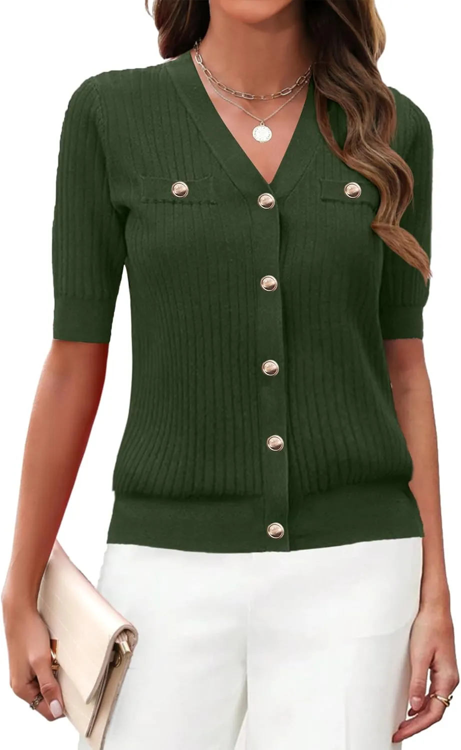 Zeagoo Short Sleeve Cardigan Button Down Ribbed Knit Sweater Tops