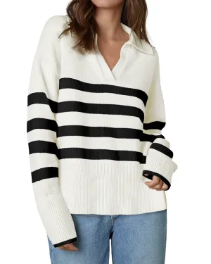 Zeagoo Women's Fall Striped Sweater V Neck Oversized Knitted Tops